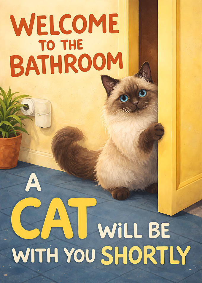 Welcome To The Bathroom – A Cat Will Be With You Shortly | Funny Cat Bathroom Wall Art