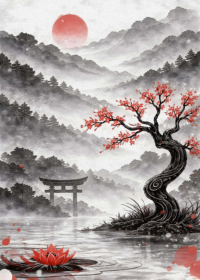 Japanese Landscape with Cherry Blossoms