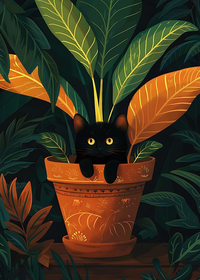 Black Cat in a Potted Plant