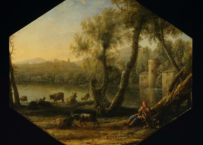 Pastoral landscape with shepherd and livestock