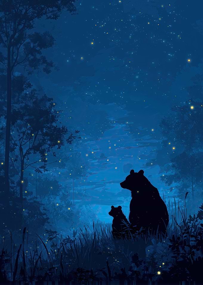 Bear and Cub Under the Firefly Night