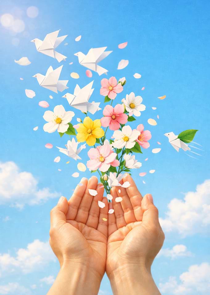 Hands Releasing Origami Peace Doves and Flowers