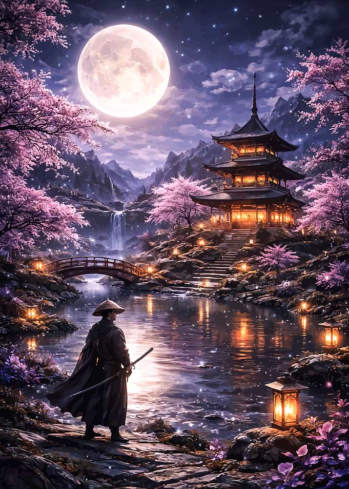 Samurai by Moonlit Pagoda