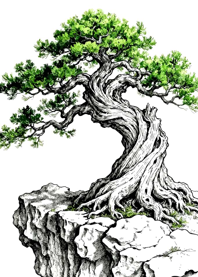 Twisted Bonsai Tree on Rocks
