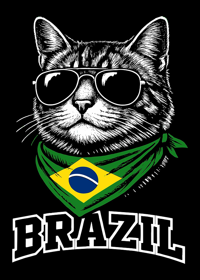 Brazil Cat Poster, Cool Sunglasses Cat Wall Art, Brazilian Pride Black White Print