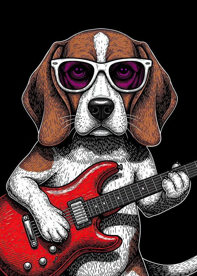 Beagle playing electric guitar