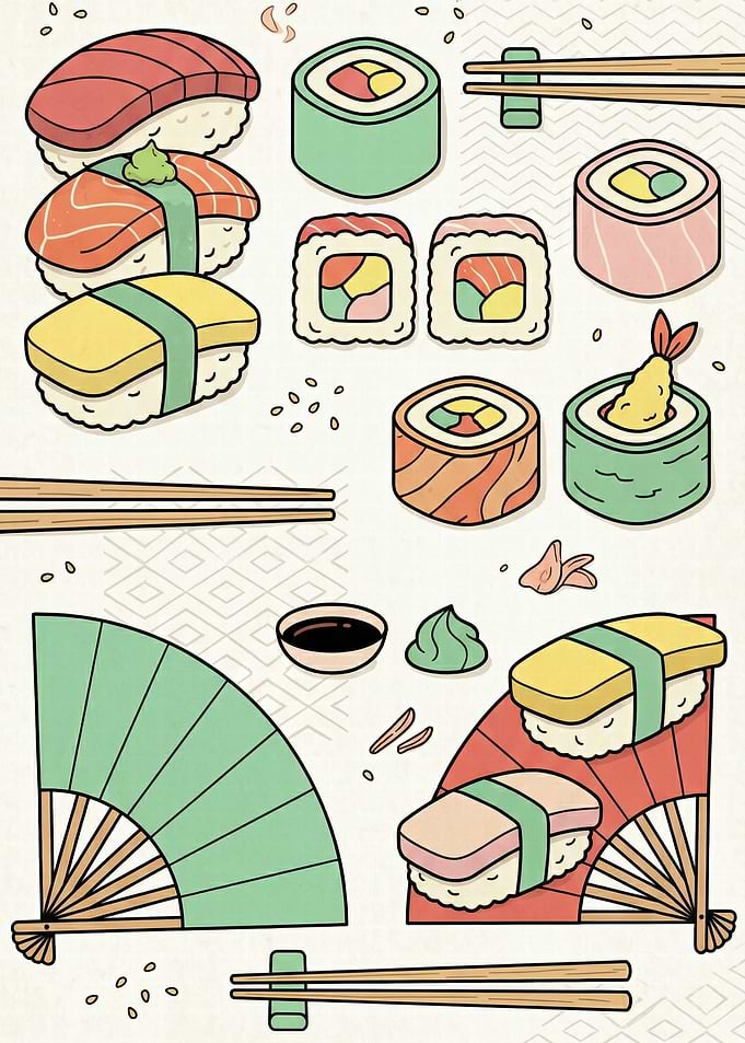 Cute Sushi and Japanese Fan Illustration