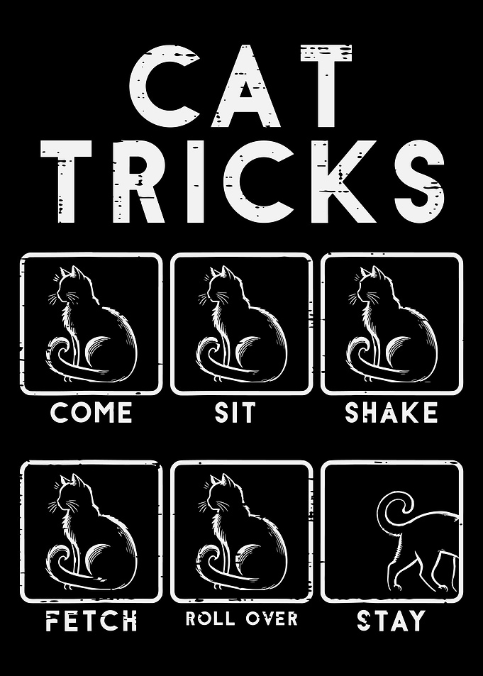 Cat Tricks Poster, Funny Cat Training Chart Wall Art, Humor Pet Illustration Print