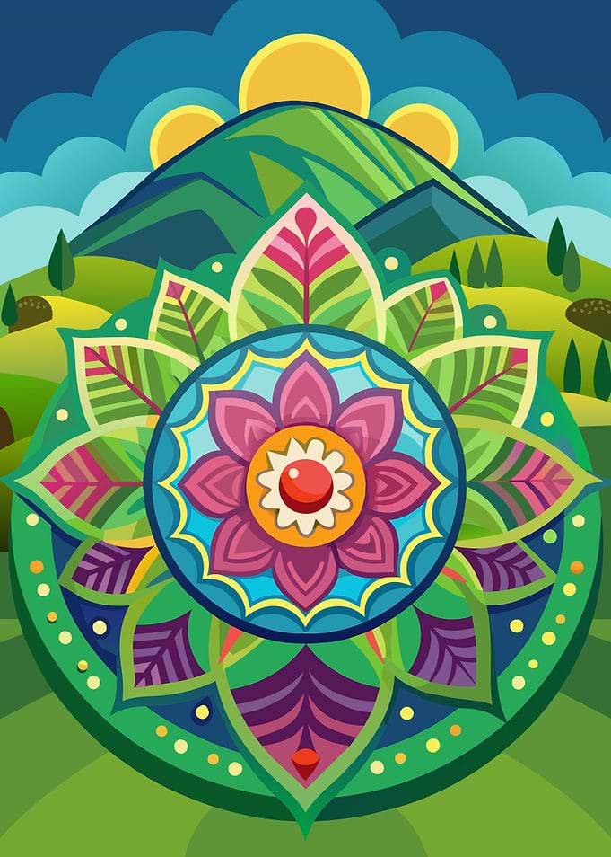 Mandala Landscape with Mountains and Sun