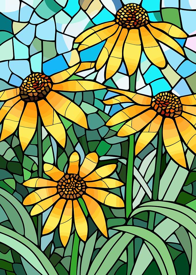Stained Glass Sunflowers in Garden