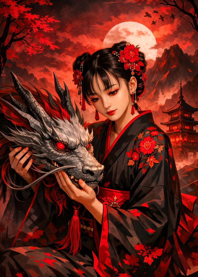 Woman with Dragon in Red Landscape