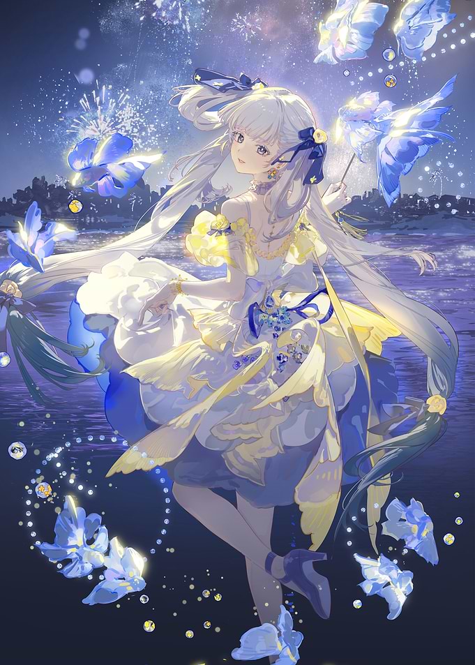 Anime Girl with Blue Butterflies and Fireworks