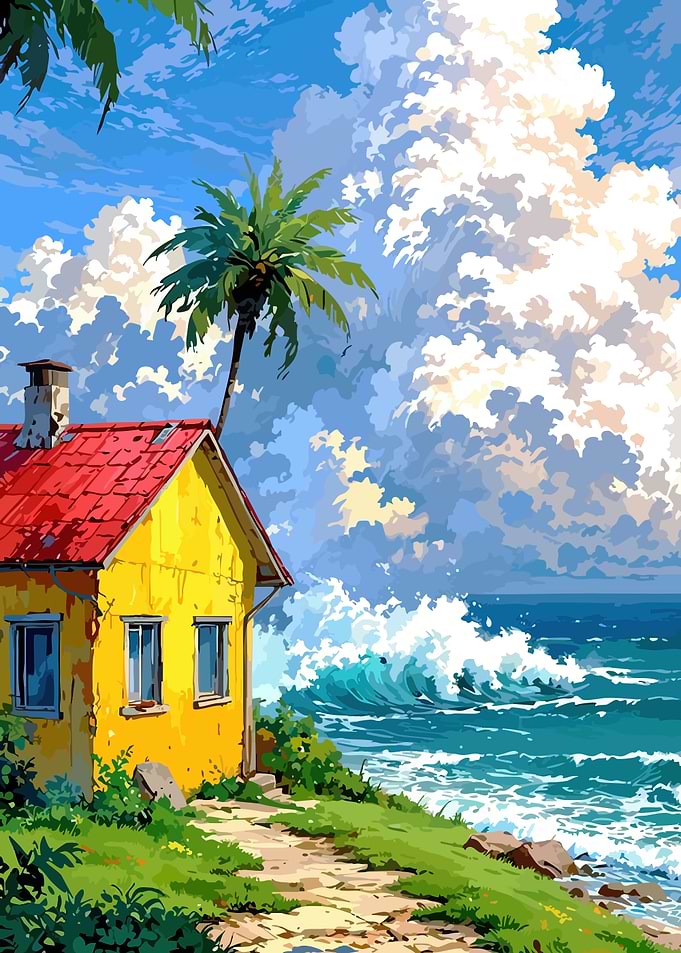 Tropical Beach House with Crashing Waves