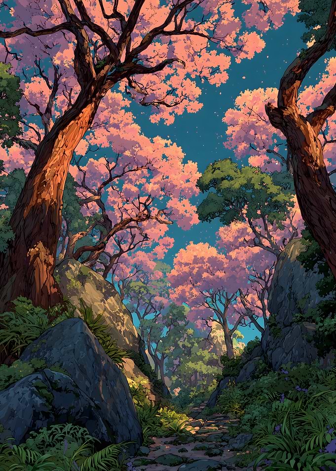 Enchanting Forest Path with Cherry Blossoms
