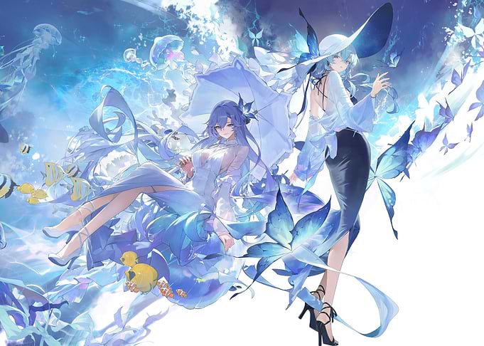 Anime Girls in Blue Underwater Fantasy