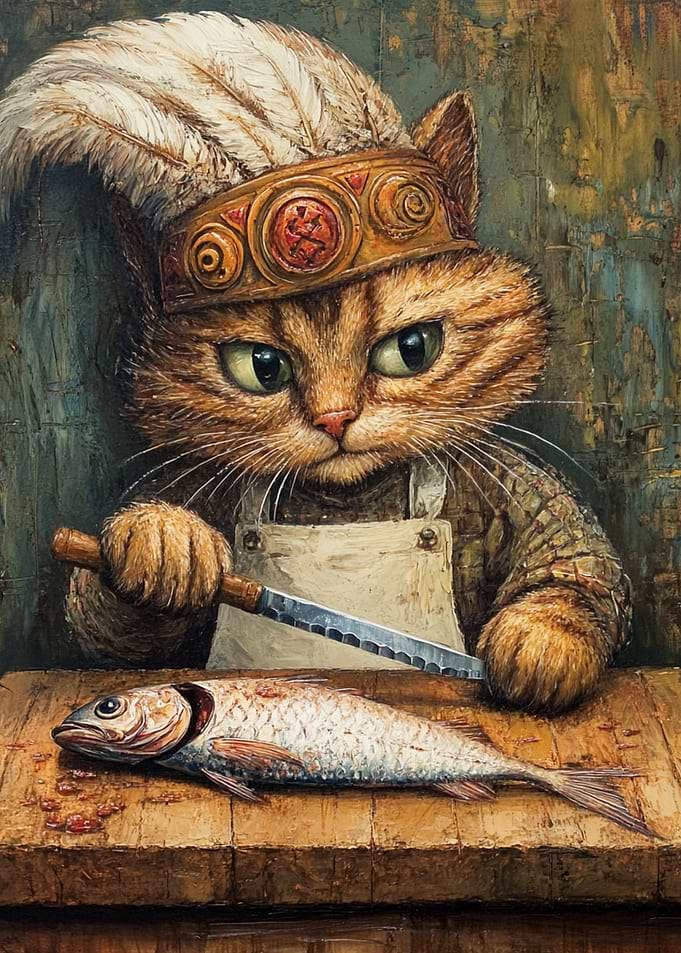 Cat Chef Preparing Fish