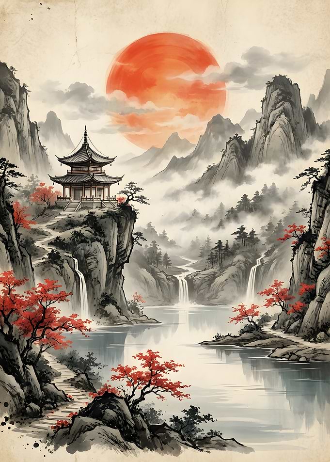Japanese Pagoda Landscape with Red Sun