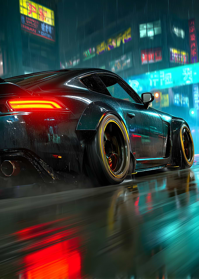 Cyberpunk Car in Rainy City