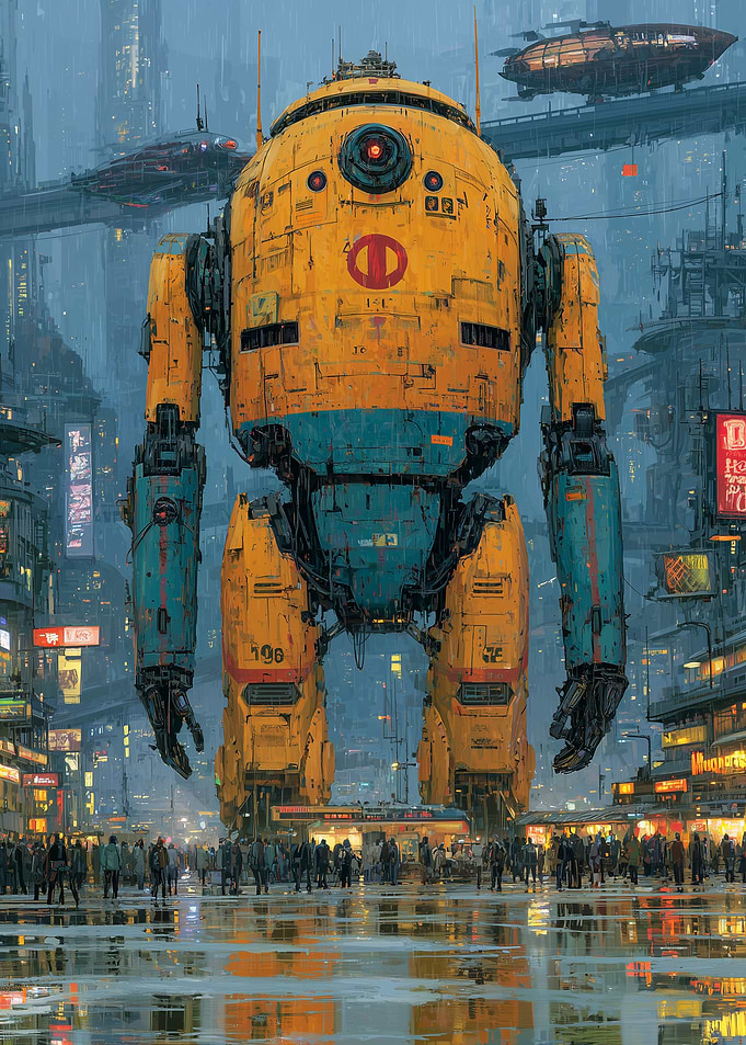 Giant Robot in Rainy Cyberpunk City