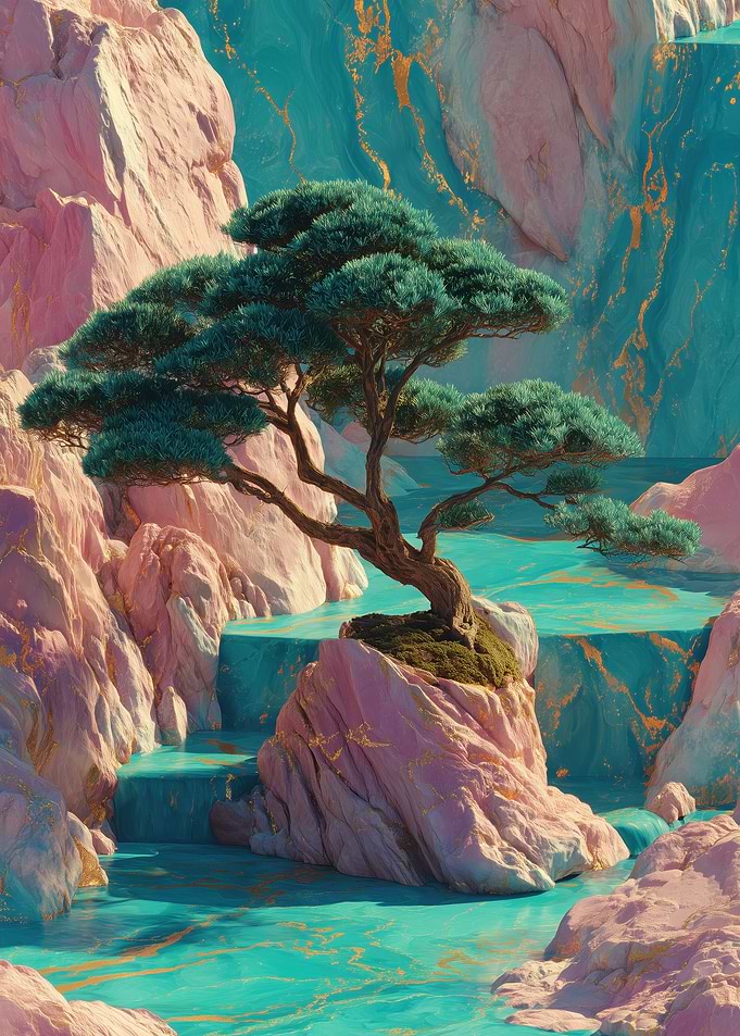 Bonsai Tree on Pink Rocks