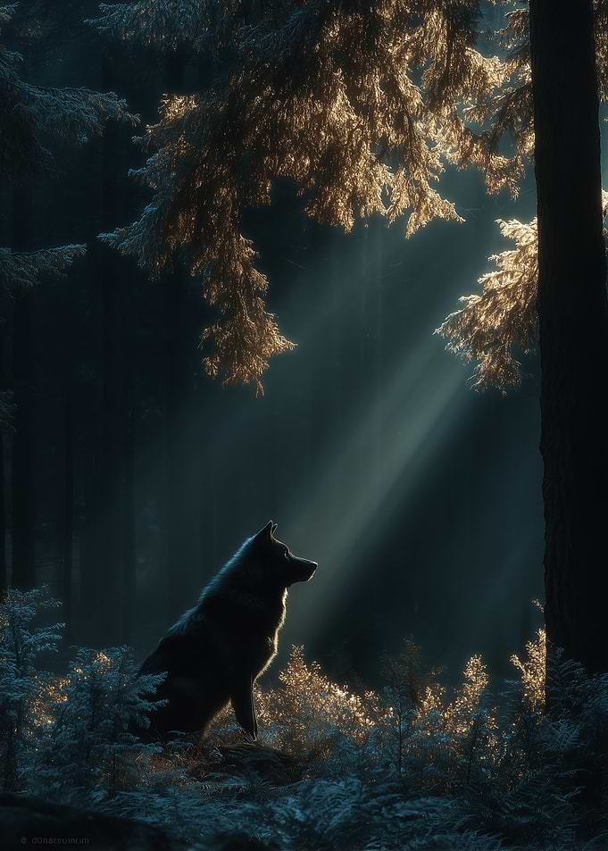 Wolf in Sunbeams in Forest