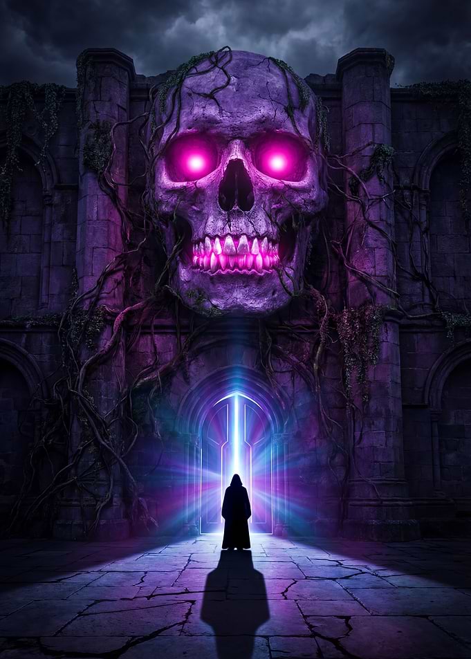 Mysterious figure at a skull gate