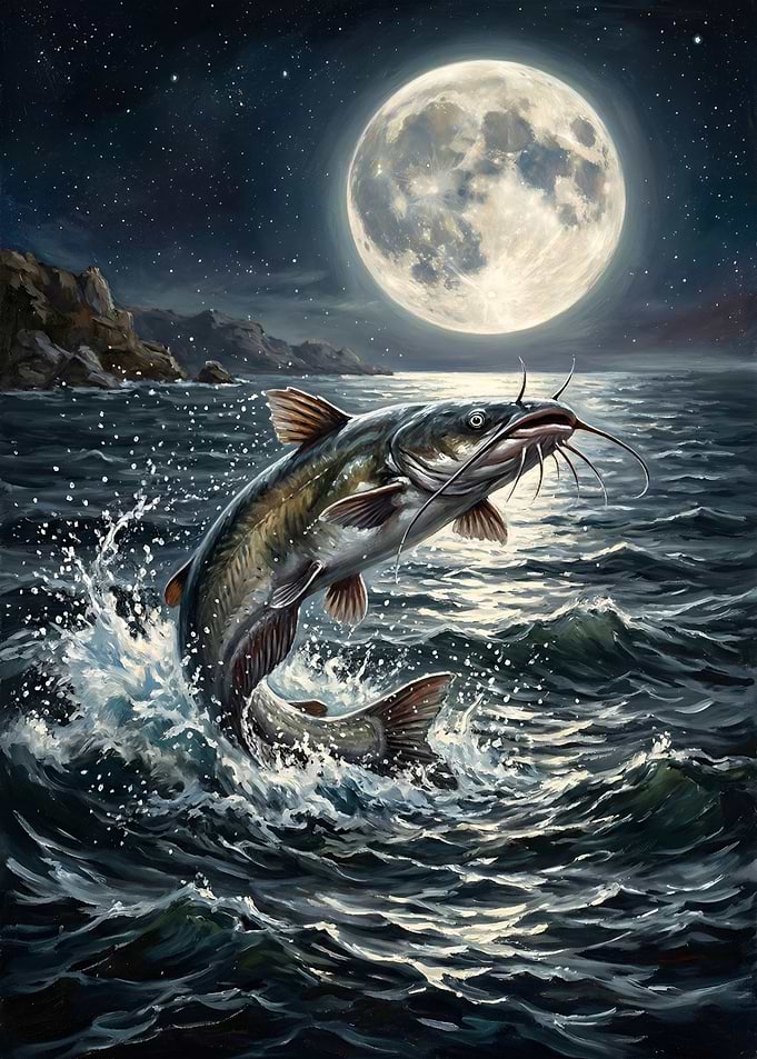 Catfish Leaping Under the Full Moon