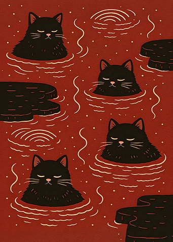 Black Cats Relaxing in Hot Springs