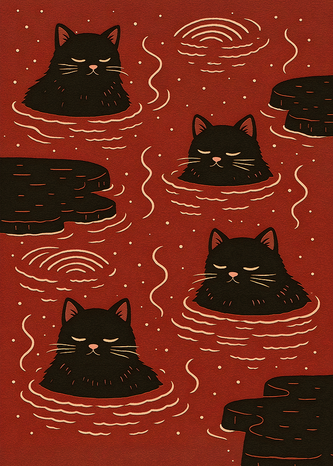 Black Cats Relaxing in Hot Springs