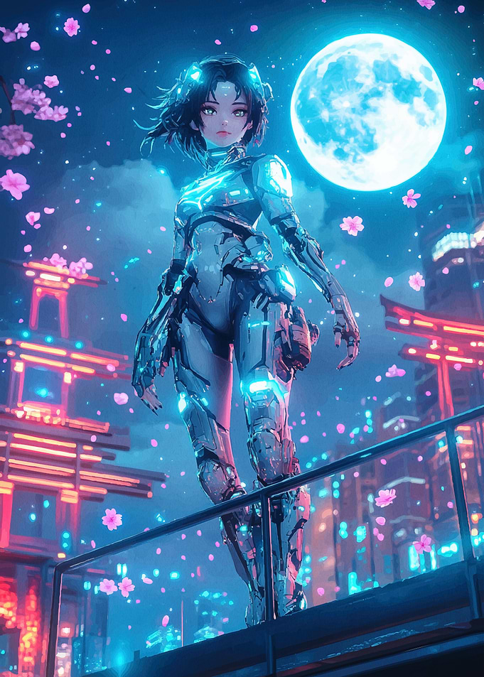 Cyberpunk Anime Girl Under a Blue Moon