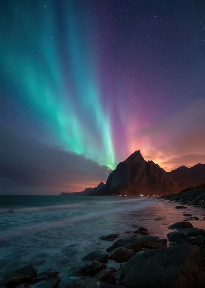 Aurora Borealis over Mountains and Beach
