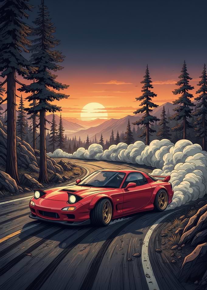 Red car drifting at sunset