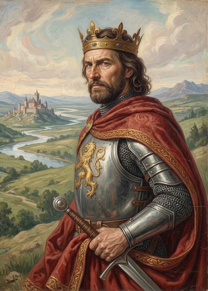 King in Armor with Castle Landscape
