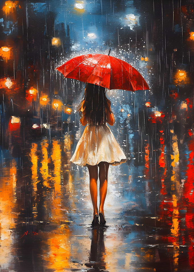 Woman with Red Umbrella in Rain