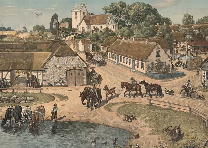 Pastoral Village Scene with Animals and People