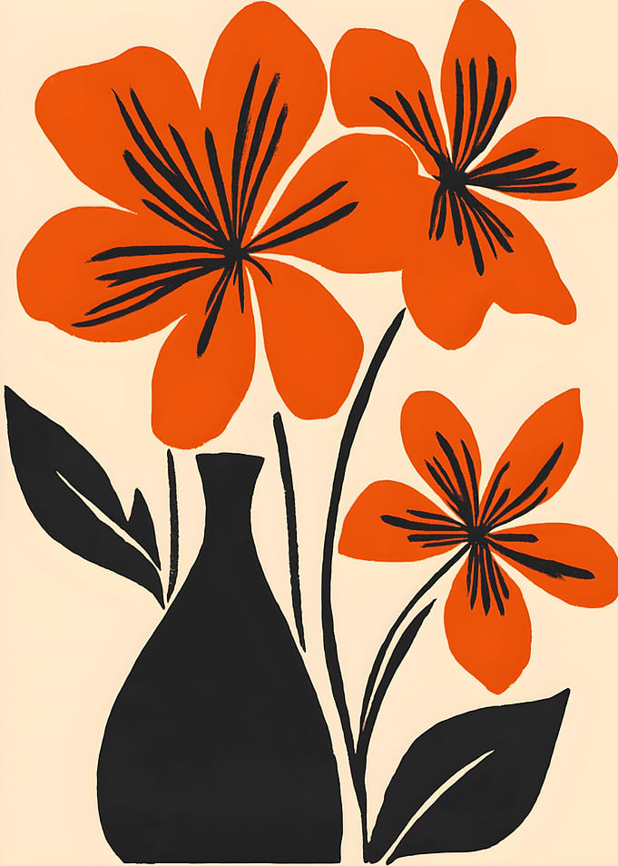 Orange Flowers in Black Vase