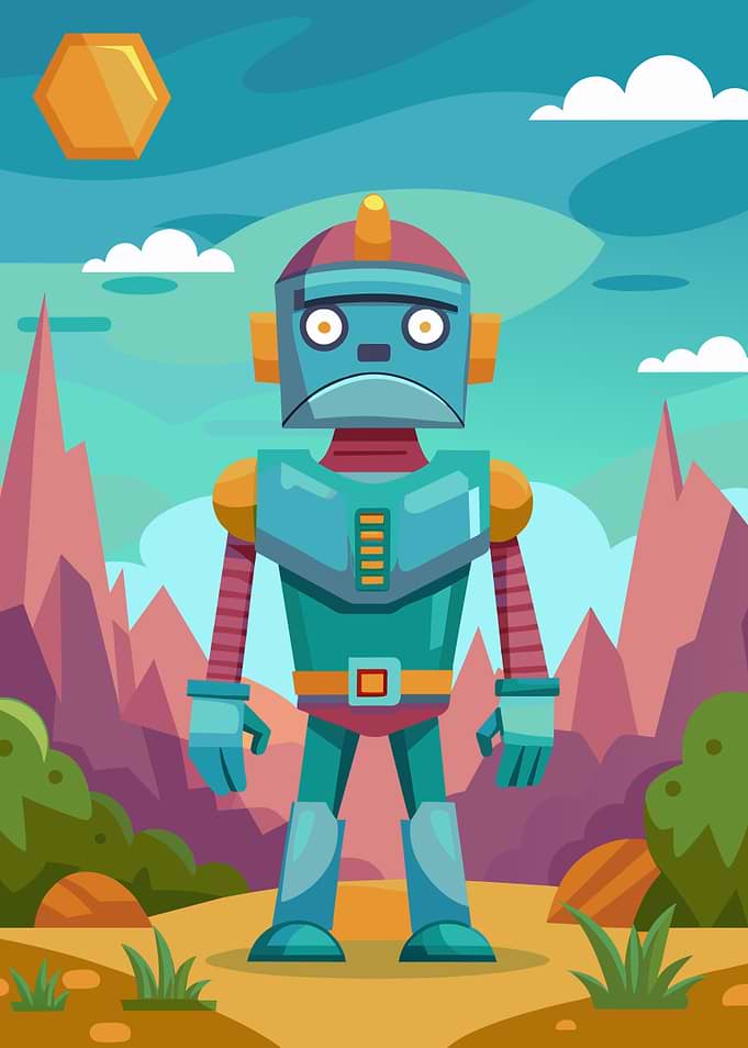 Sad Robot in a Pixelated Landscape