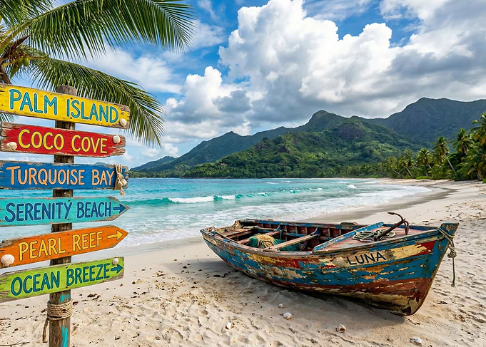 Tropical Beach Signpost and Boat