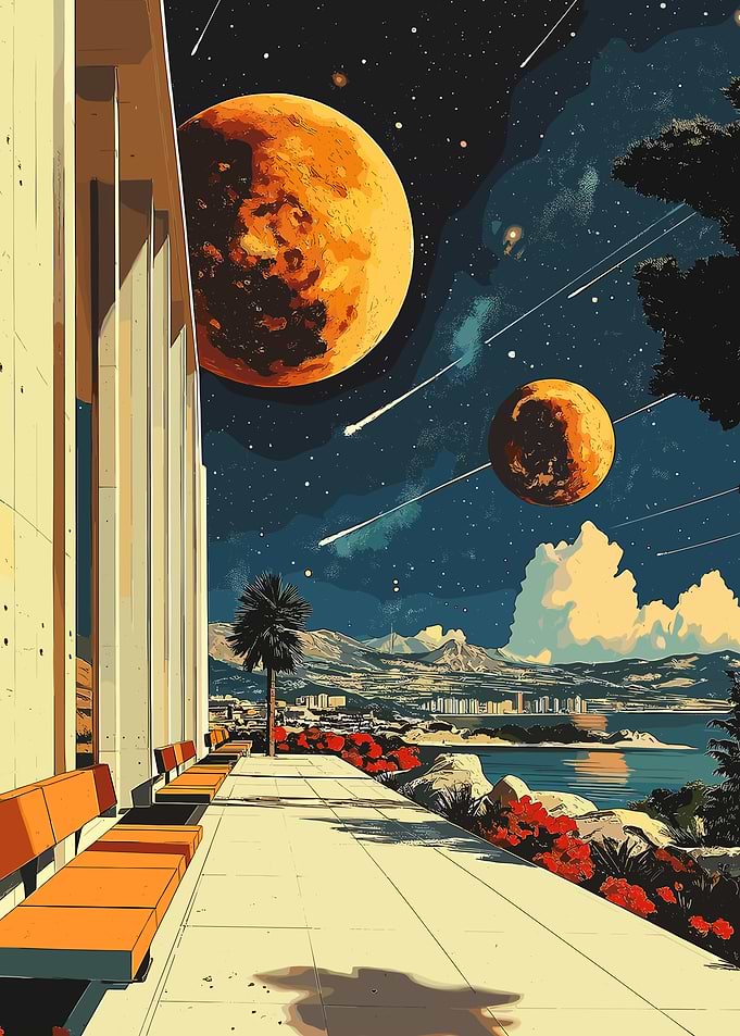 Sci-fi landscape with planets and city
