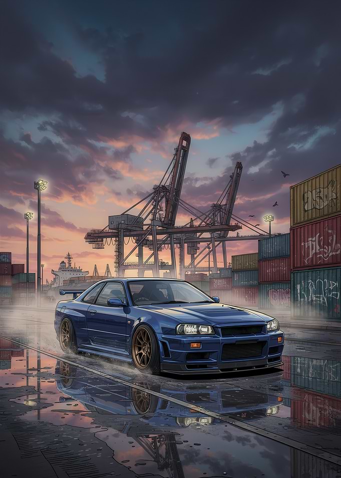 Blue Nissan Skyline GT-R R34 at Port