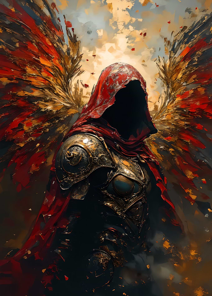 Mysterious hooded figure with wings