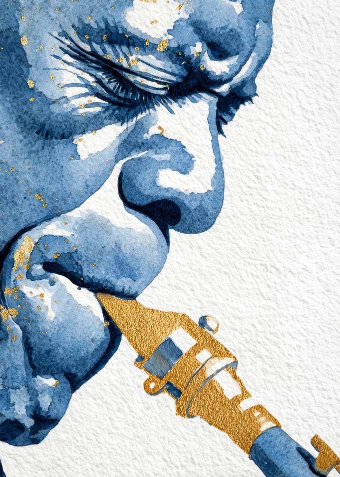 Blue Saxophonist with Gold Accents