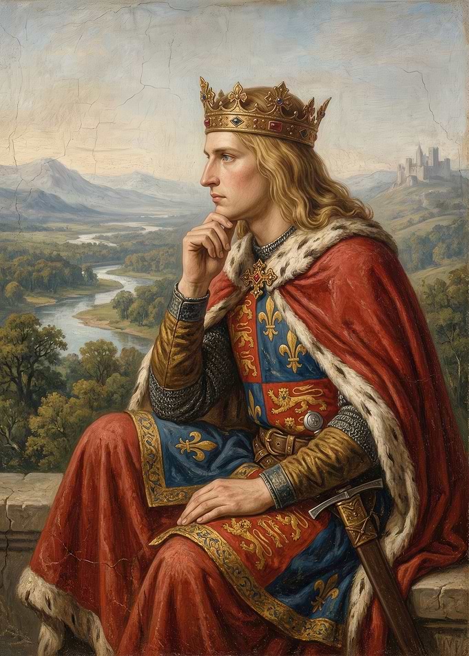 King in Royal Attire Overlooking Landscape