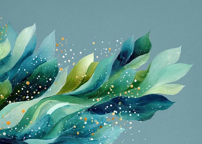 Abstract Watercolor Leaves with Gold and White Splatter