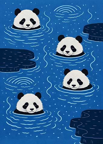Pandas Swimming in Blue Water