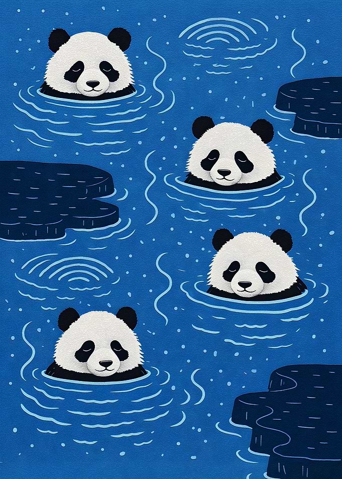 Pandas Swimming in Blue Water