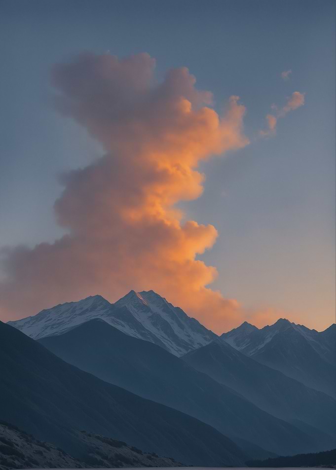 Sunset clouds over snow-capped mountains