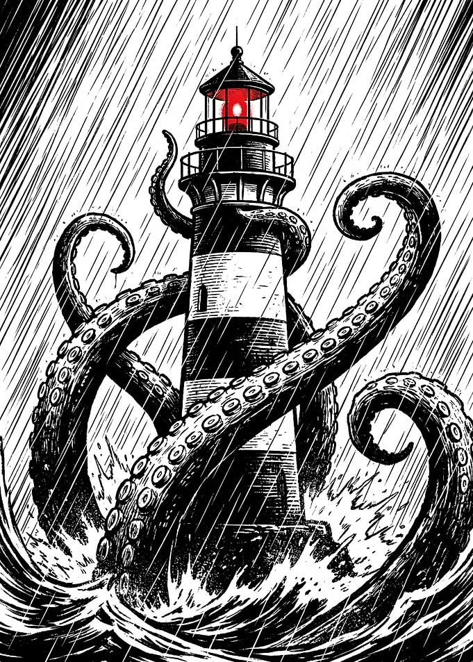Kraken Attacks Lighthouse in Storm