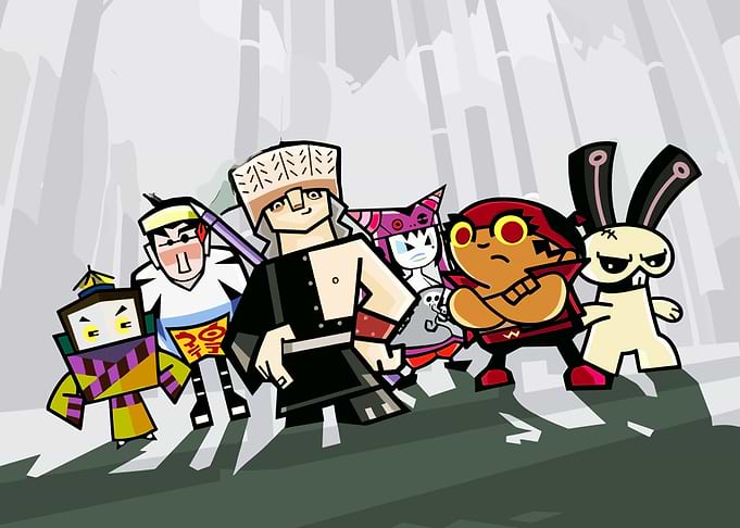 Cartoon characters in a bamboo forest