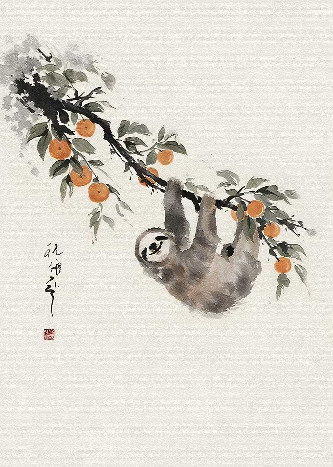 Sloth Hanging on Orange Tree Branch